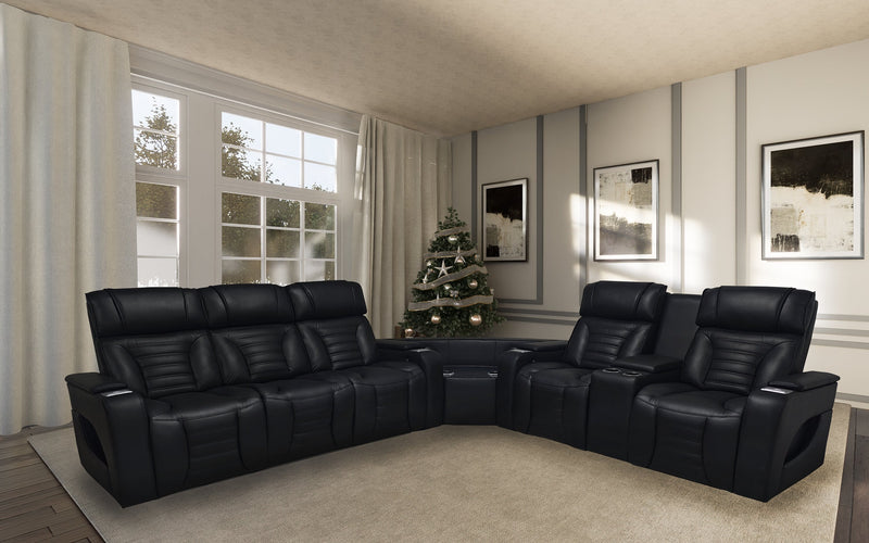 Zen 3-Piece Black Faux Leather Power Reclining Massage Sectional with Refrigerator and Drop-Down Console