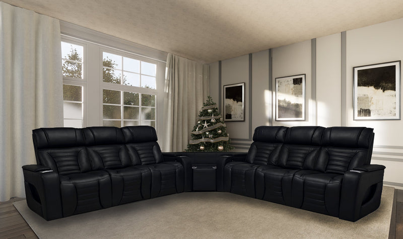 Zen 3-Piece Black Faux Leather Power Reclining Massage Sectional with Two Drop-Down Consoles