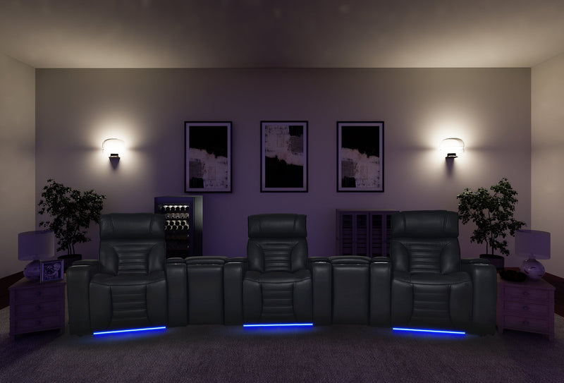 Zen 5-Piece Leather-Look Fabric Home Theatre Power Reclining Sectional with Massage - Black 