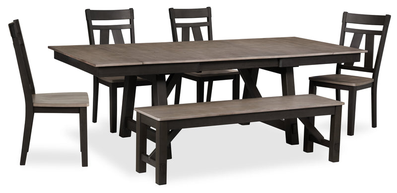 Zao 6pc Dining Set with Table, Bench & 4 Chairs, 66-94\"W Extension, Melamine - Brown 