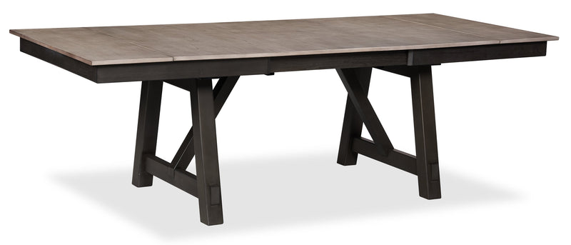 Zao Dining Table with 66-94\"W Extension, Melamine, Trestle Base - Brown 