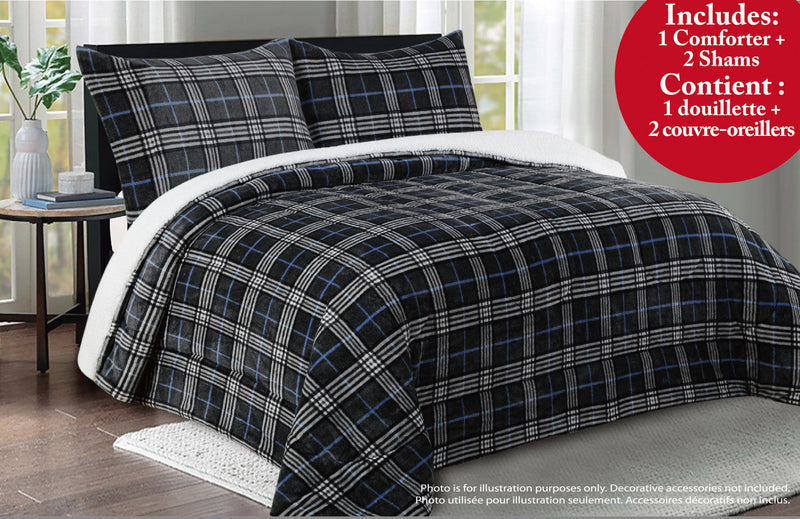 Grey Plaid 3-Piece  Queen Comforter Set - Grey