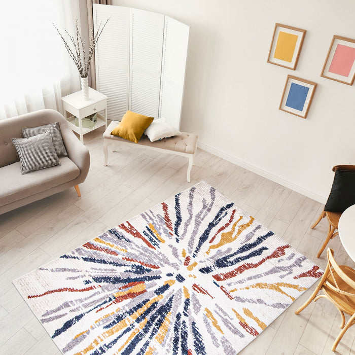 Paloma Sunburst Navy, White Area Rug - 6'7\" x 9'6\"