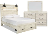 Abby 5pc Bedroom Set with Storage Bed, Dresser & Mirror, LED, USB, White - Queen Size