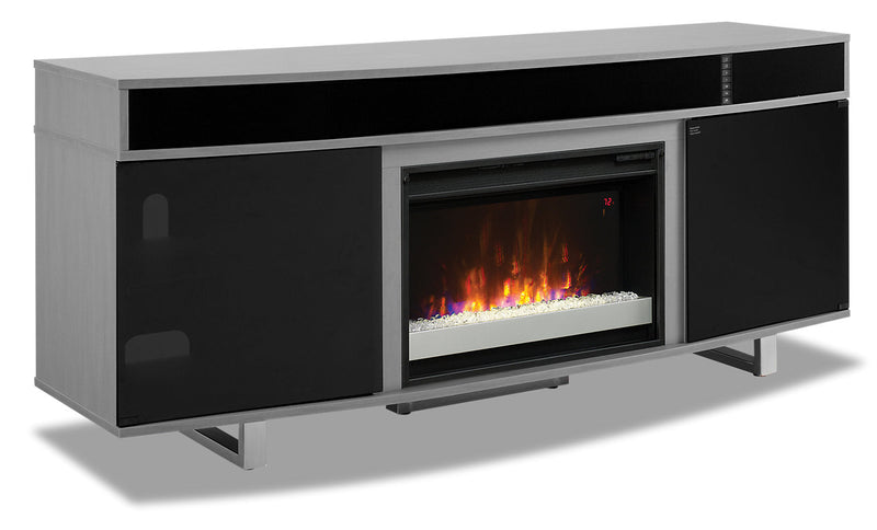 Odesos 72\" TV Stand with Glass Ember Firebox and Soundbar - Grey