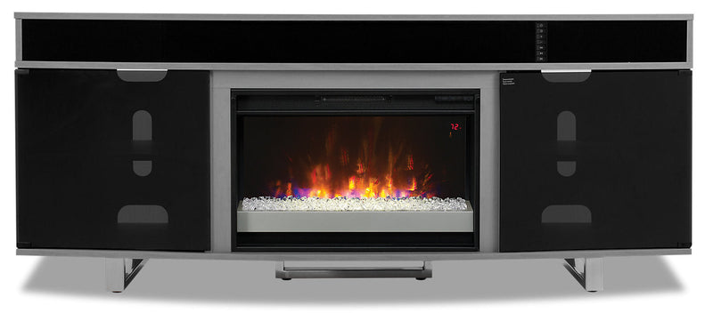Odesos 72\" TV Stand with Glass Ember Firebox and Soundbar - Grey