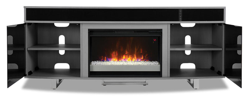 Odesos 72\" TV Stand with Glass Ember Firebox and Soundbar - Grey