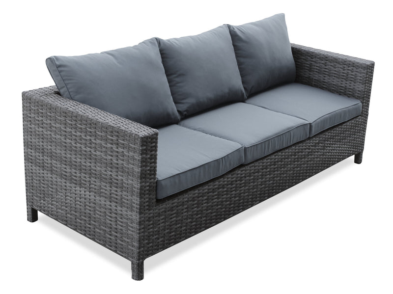 Athens 3-Piece Outdoor Patio Conversation Set with Sofa, Ottoman & Glass Top Coffee Table - Hand-Woven Resin Wicker, UV & Weather Resistant - Grey