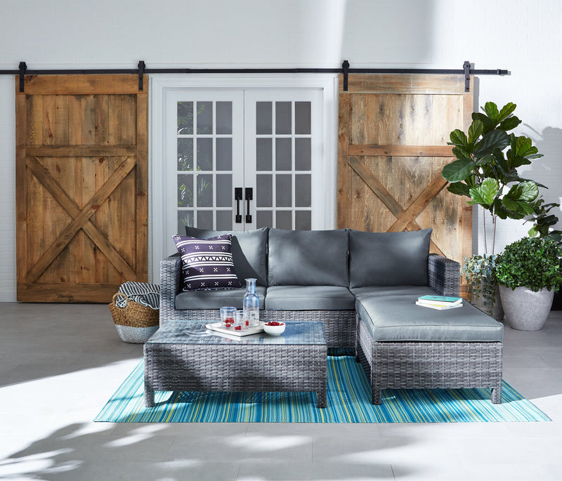 Athens 3-Piece Outdoor Patio Conversation Set with Sofa, Ottoman & Glass Top Coffee Table - Hand-Woven Resin Wicker, UV & Weather Resistant - Grey