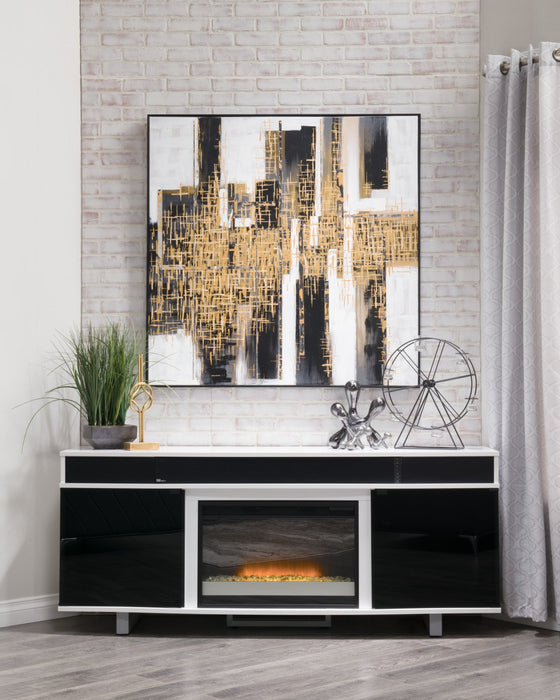 Odesos 72\" TV Stand with Glass Ember Firebox and Soundbar – White