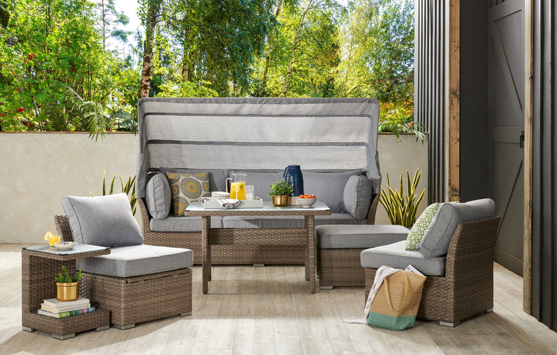 Bermuda 6-Piece Canopy Outdoor Patio Conversation Set - Hand-Woven Resin Wicker, UV & Weather Resistant - Grey 
