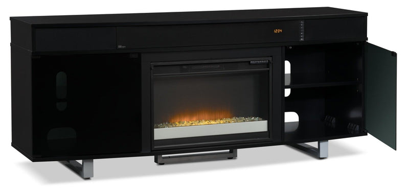 Odesos 72\" TV Stand with Glass Ember Firebox and Soundbar – Black