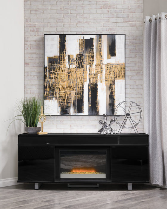 Odesos 72\" TV Stand with Glass Ember Firebox and Soundbar – Black