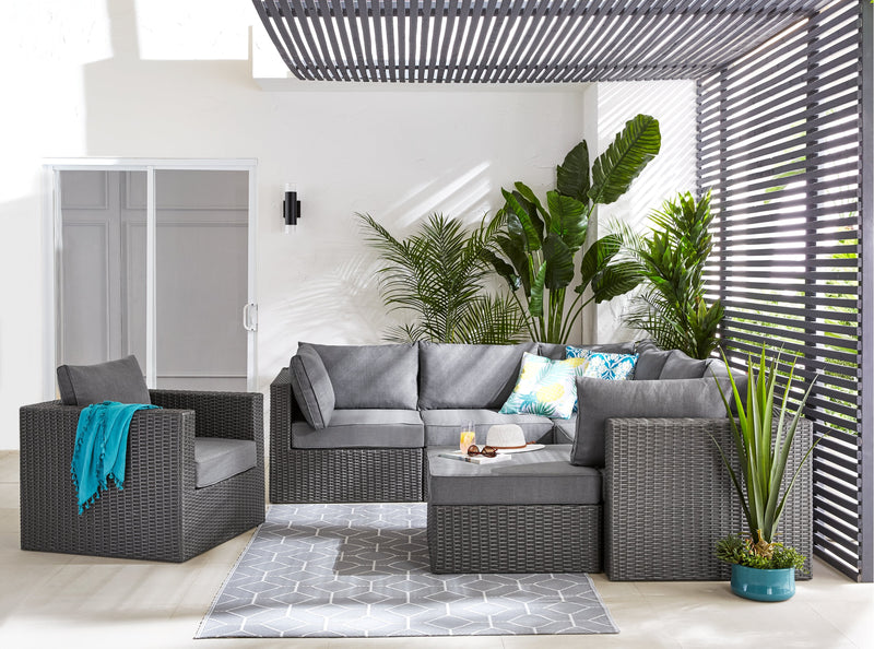 Morris 5-Piece Outdoor Patio Set with 3 Corner Chairs & 2 Armless Chairs - Hand-Woven Resin Wicker, Olefin Fabric, UV & Weather Resistant - Grey