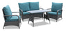 Nassau 4-Piece Outdoor Patio Set with Loveseat, 2 Chairs & Glass Top Coffee Table - Hand-Woven Resin Wicker, Olefin Fabric, UV & Weather Resistant - Blue 
