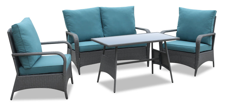 Nassau 4-Piece Outdoor Patio Set with Loveseat, 2 Chairs & Glass Top Coffee Table - Hand-Woven Resin Wicker, Olefin Fabric, UV & Weather Resistant - Blue 