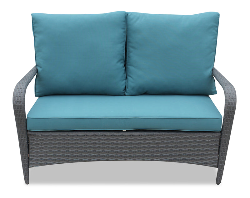 Nassau 4-Piece Outdoor Patio Set with Loveseat, 2 Chairs & Glass Top Coffee Table - Hand-Woven Resin Wicker, Olefin Fabric, UV & Weather Resistant - Blue 
