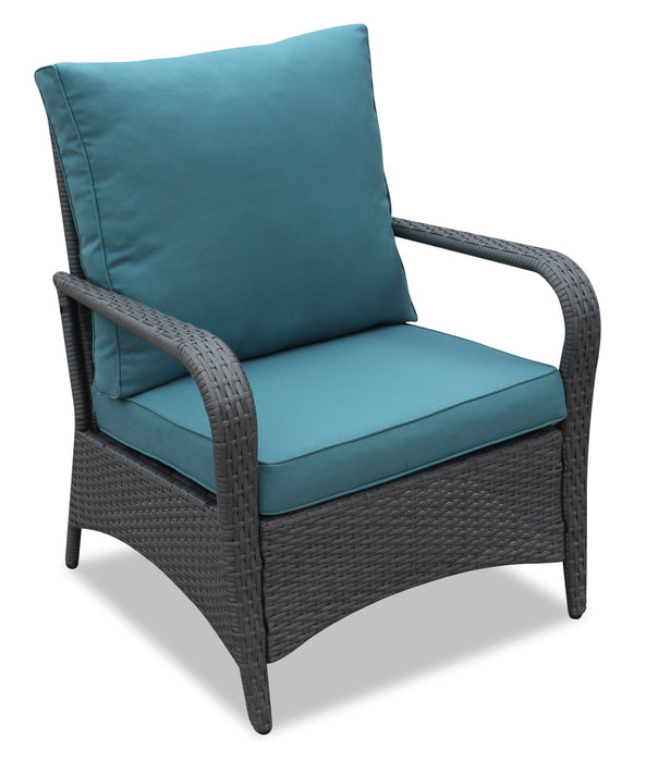 Nassau 4-Piece Outdoor Patio Set with Loveseat, 2 Chairs & Glass Top Coffee Table - Hand-Woven Resin Wicker, Olefin Fabric, UV & Weather Resistant - Blue 