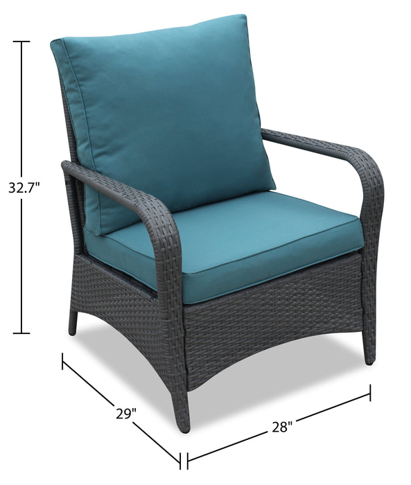 Nassau 4-Piece Outdoor Patio Set with Loveseat, 2 Chairs & Glass Top Coffee Table - Hand-Woven Resin Wicker, Olefin Fabric, UV & Weather Resistant - Blue 