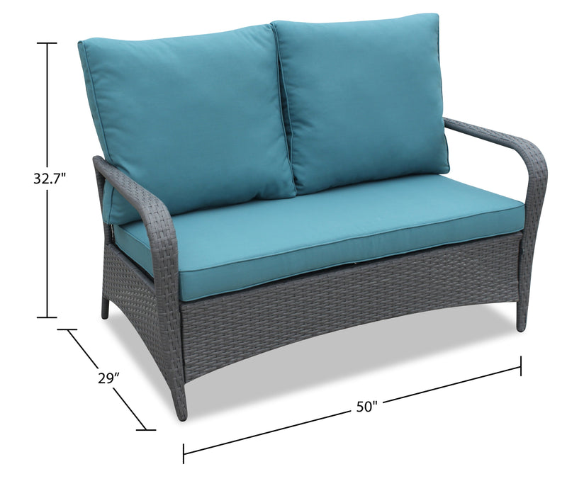Nassau 4-Piece Outdoor Patio Set with Loveseat, 2 Chairs & Glass Top Coffee Table - Hand-Woven Resin Wicker, Olefin Fabric, UV & Weather Resistant - Blue 