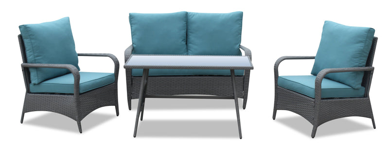 Nassau 4-Piece Outdoor Patio Set with Loveseat, 2 Chairs & Glass Top Coffee Table - Hand-Woven Resin Wicker, Olefin Fabric, UV & Weather Resistant - Blue 