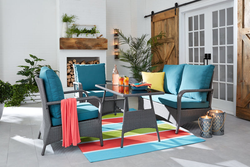 Nassau 4-Piece Outdoor Patio Set with Loveseat, 2 Chairs & Glass Top Coffee Table - Hand-Woven Resin Wicker, Olefin Fabric, UV & Weather Resistant - Blue 