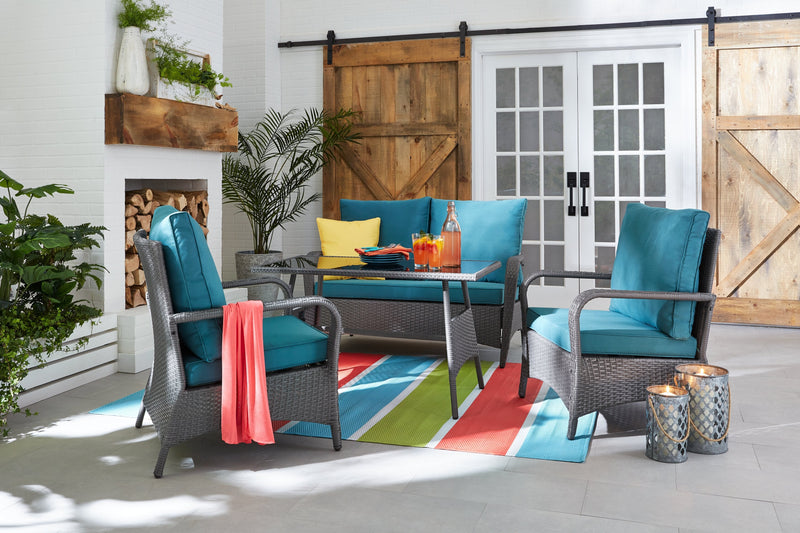 Nassau 4-Piece Outdoor Patio Set with Loveseat, 2 Chairs & Glass Top Coffee Table - Hand-Woven Resin Wicker, Olefin Fabric, UV & Weather Resistant - Blue 