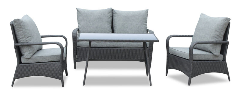 Nassau 4-Piece Outdoor Patio Set with Loveseat, 2 Chairs & Glass Top Coffee Table - Hand-Woven Resin Wicker, Olefin Fabric, UV & Weather Resistant - Grey 