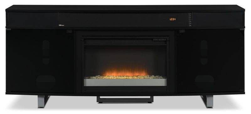 Odesos 72\" TV Stand with Glass Ember Firebox and Soundbar – Black