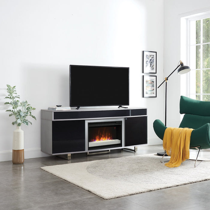 Odesos 72\" TV Stand with Glass Ember Firebox and Soundbar - Grey