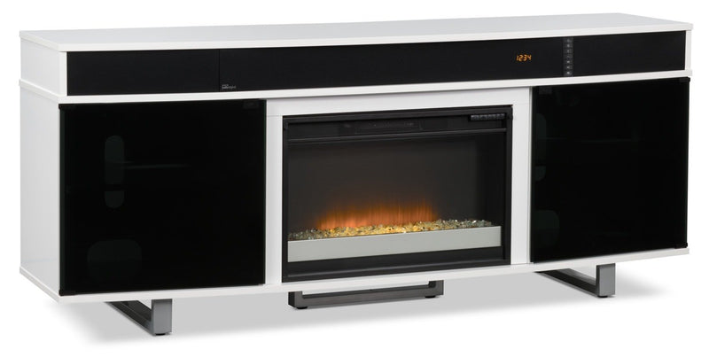 Odesos 72\" TV Stand with Glass Ember Firebox and Soundbar – White