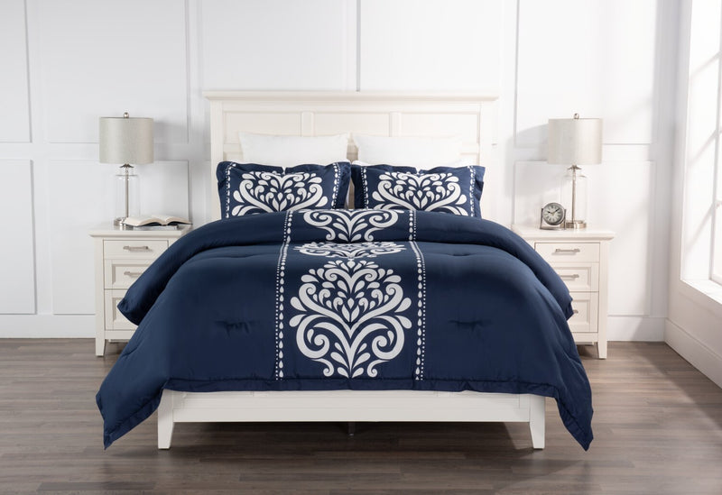 Navy Damask 3-Piece Full/Queen Comforter Set