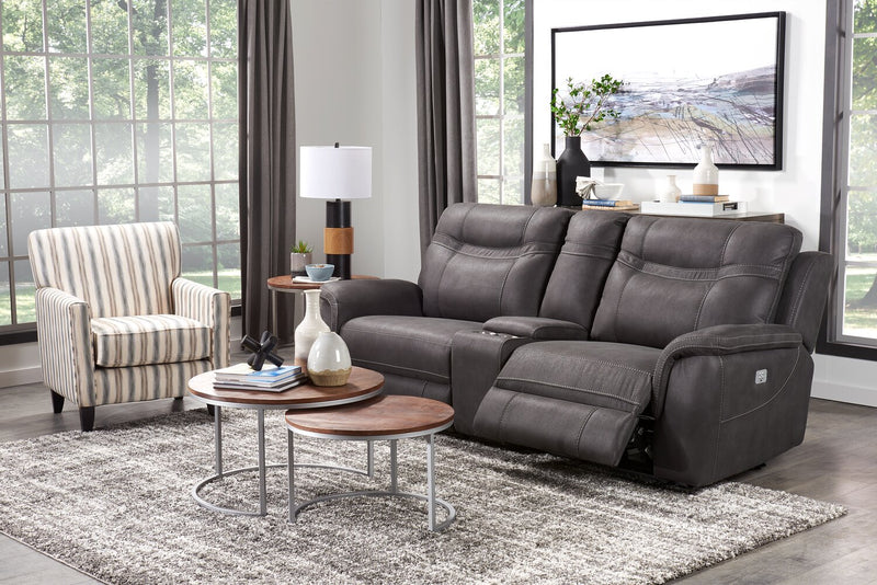 Floy Faux Suede Power Reclining Loveseat with Power Headrest and Console - Grey