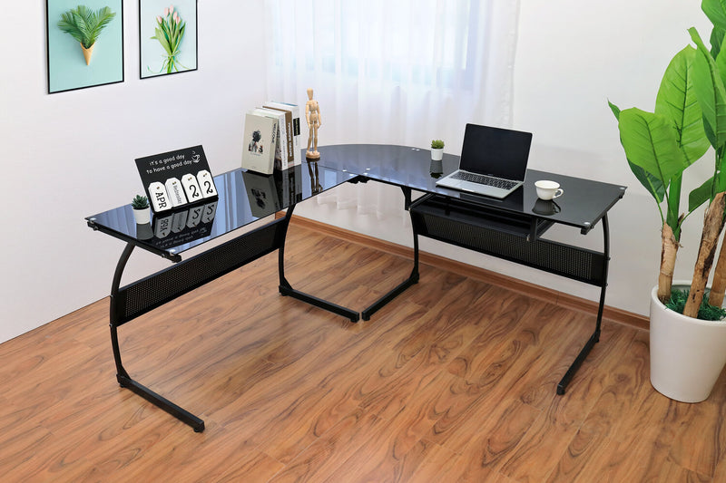Cairo L-Shape Glass Desk - Black 