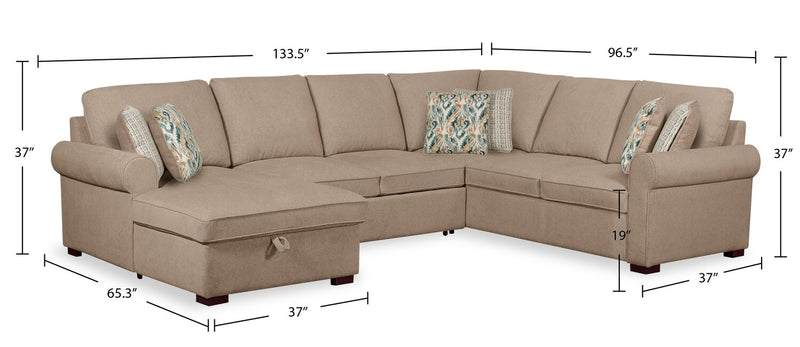 Haven 3-Piece Chenille Left-Facing Sleeper Sectional - Taupe