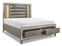 Max Platform Storage Bed with Headboard & Frame, LED, Vegan Leather, Glam, Silver - King Size 