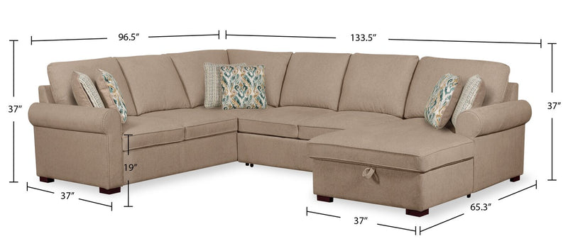 Haven 3-Piece Chenille Right-Facing Sleeper Sectional - Taupe