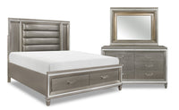 Max 5pc Bedroom Set with Storage Bed, Dresser & Mirror, LED, Glam, Silver - King Size 