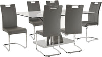 Tuxedo 7pc Dining Set with Table & 6 Chairs, Glass Top, Pedestal Base, 72