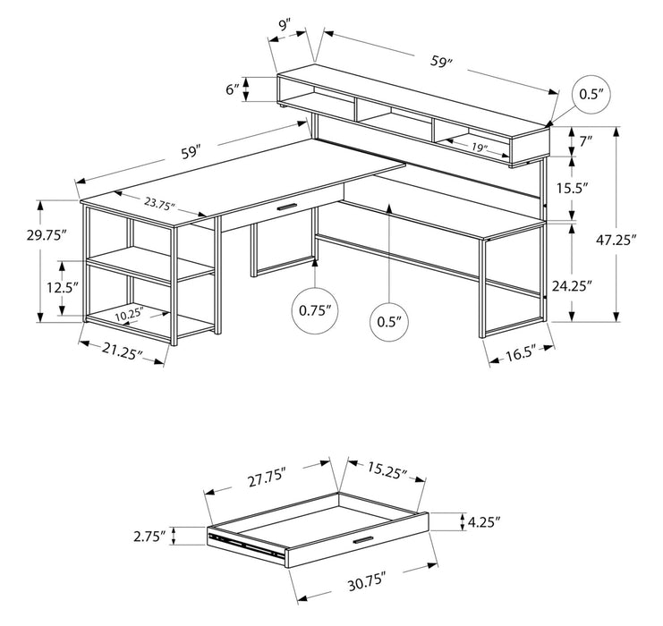Oaklee L-Shaped Corner Desk with Hutch - Grey 