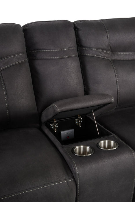 Floy Faux Suede Power Reclining Loveseat with Power Headrest and Console - Grey