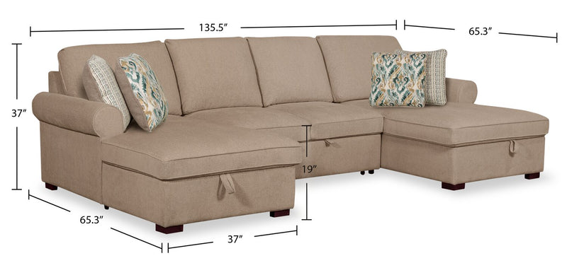 Haven 3-Piece Chenille Sleeper Sectional - Taupe