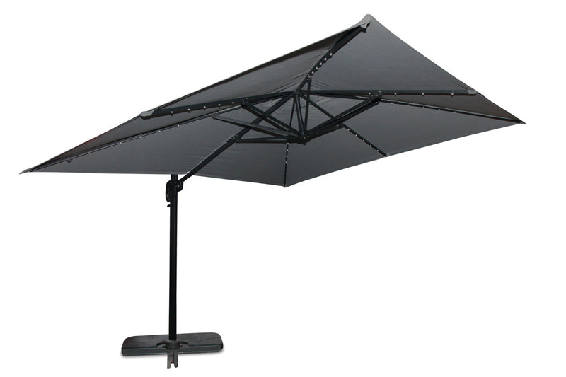 Solar Cantilevered Patio Umbrella - 137\"W x 84\"H, Steel, Hand Crank, Built-in LED Lights - Grey