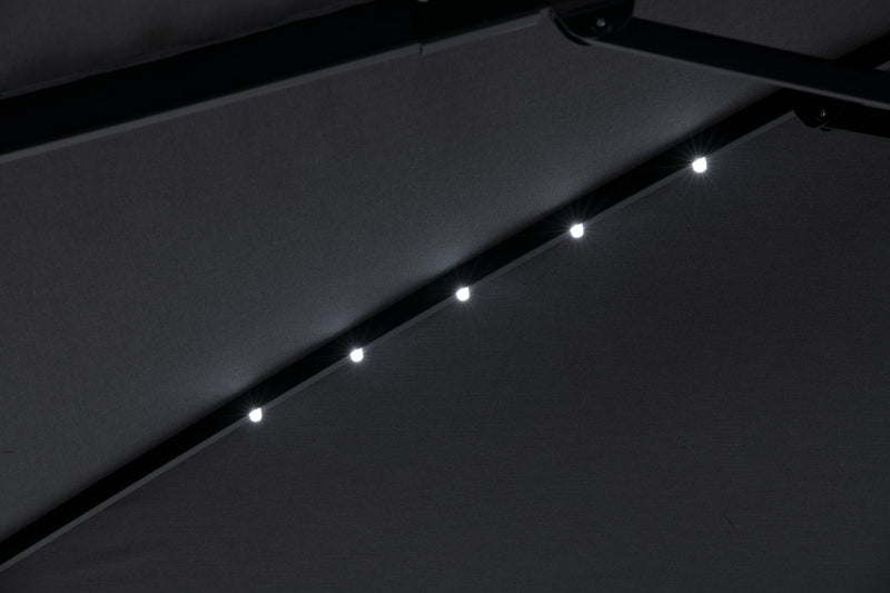 Solar Cantilevered Patio Umbrella - 137\"W x 84\"H, Steel, Hand Crank, Built-in LED Lights - Grey