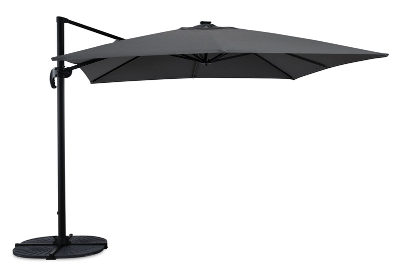Solar Cantilevered Patio Umbrella - 137\"W x 84\"H, Steel, Hand Crank, Built-in LED Lights - Grey