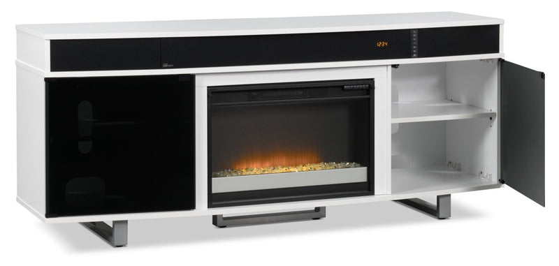 Odesos 72\" TV Stand with Glass Ember Firebox and Soundbar – White