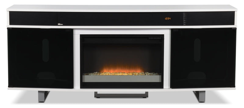 Odesos 72\" TV Stand with Glass Ember Firebox and Soundbar – White